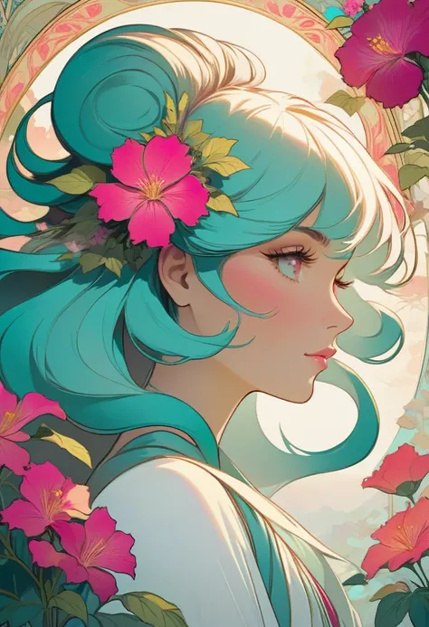 Create a stunning poster-style artwork showcasing a woman adorning her hair with vibrant flowers, Utilize a color palette consisting of dark white and light magenta, and focus on intricate illustrations with serene facial expressions, Incorporate light tea...