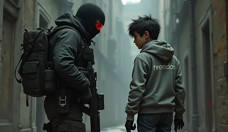 tall F.E.A.R. operative wearing black tactical balaclava and red googles holding assault rifle and standing with a 1 boy holding a pistol and wearing a hood with black shaggy hair, and brown eyes. His attire typically consists of a grey hoodie that feature...