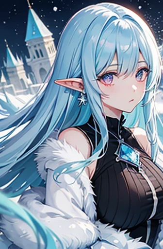 Anime, woman, long hair, pale blue hair, pink eyes, gently, earrings, big boob, wearing a black dress, beautiful, elegant, pure, fantasy, ice, snowflake, snow land, cool, noble, fur coat, elf, crystal, castle,