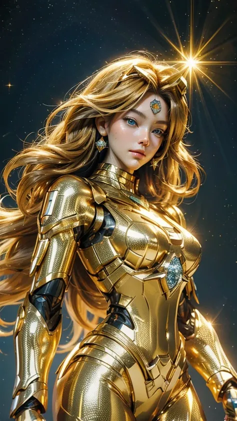 super realistic, super detailed, ultra HD graphics. high resolution. beautiful girl with long hair, golden blue. golden eyes emitting light.. face sparkling like diamonds. colorful. radiant.. enchanting. HD wallpaper.cosplay 3d game 3d.mecha