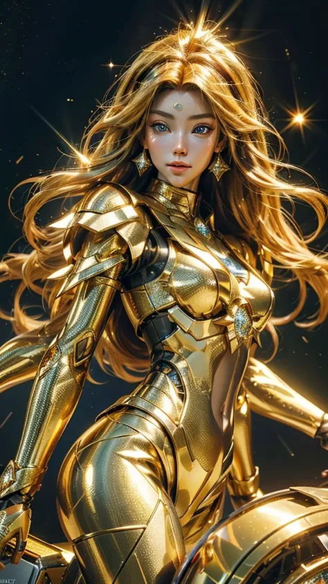 super realistic, super detailed, ultra HD graphics. high resolution. beautiful girl with long hair, golden blue. golden eyes emitting light.. face sparkling like diamonds. colorful. radiant.. enchanting. HD wallpaper.cosplay 3d game 3d.mecha