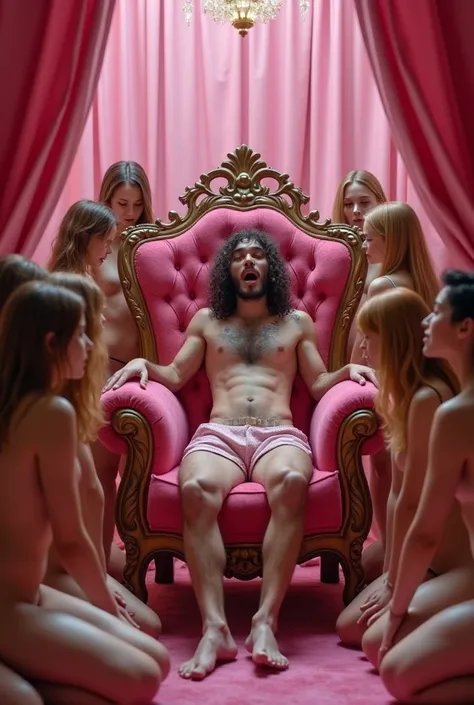 (photorealism:1.2) One very skinny "ugly and looking" 16-year- old boy in "underwear" with a long untrimmed beard sitting on a pink throne in a pink Harem room, he has his mouth open moaning with sexual excitement and extreme pleasure, surrounded by many b...