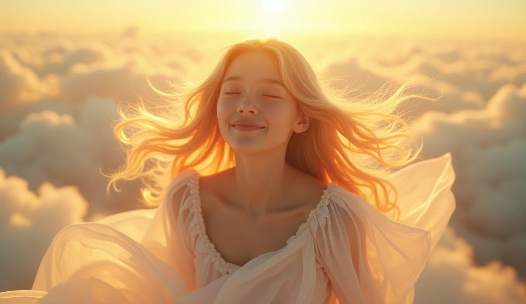 masterpiece, best quality, movie still, 1girl, cloud girl, floating in the sky, close-up, bright, happy, warm soft lighting, sunset,