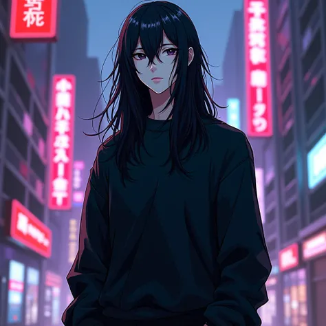 An anime character: A white man with black eyes. your hair is long and black. He wears a black sweatshirt and black pants.. Ao fundo, a cyberpunk setting full of neons.