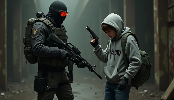 tall F.E.A.R. operative wearing black tactical balaclava and red googles holding assault rifle and standing with a young guy holding a pistol and wearing a hood with black shaggy hair, and brown eyes. His attire typically consists of a grey hoodie that fea...