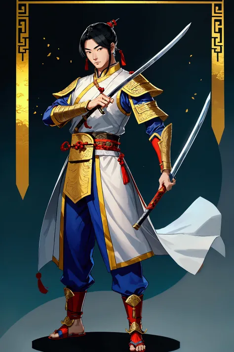 man,Chinese Warrior,holding a sword,handsome ,stand,ใส่รองเท้าChinese Warrior เห็นทั้งตัว,Cao Cao,Tall with legs and visible feet