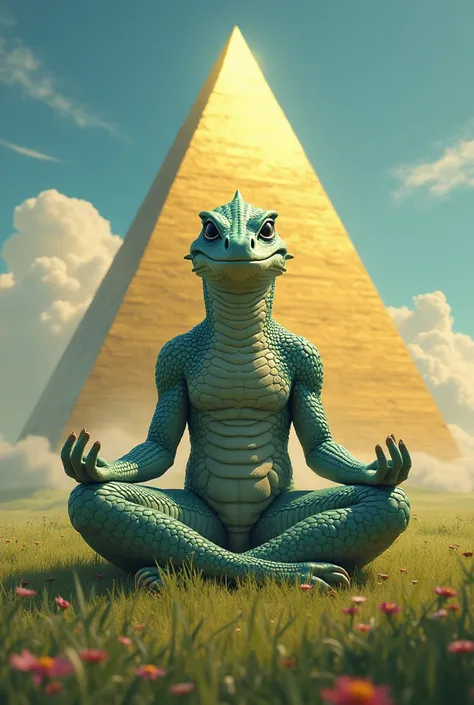 Reptilian mediating in a beautiful field alone.  Your freight a golden pyramid 