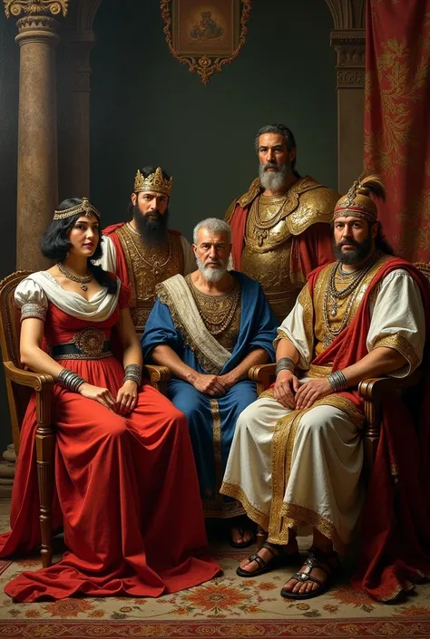 /Imagine great historical leaders posing for a painting, which are Julius Caesar, Tleopatra, Montezuma, Alejandro Magno, Ramses ll, Exchange rate Kan, qin shi huang y Ragnar lothbrok