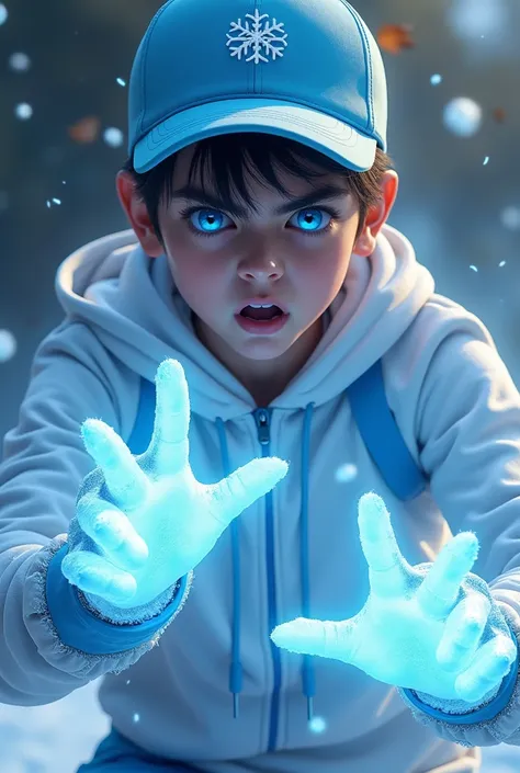 a young real teenage age . 17 Malaysia Indonesia.(Blue eyes) Glowing eyes. Anger face. Open mouth. . wearing an (white light blue ) zip-up shirt, (white light blue ) cap with small light blue (snowflake) logo. Enger face . Dramatic. White hoodie., detailed...