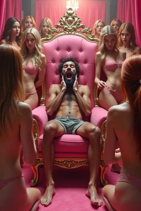 (photorealism:1.2) One very skinny "ugly and looking" 16-year- old boy in "underwear" with a long untrimmed beard sitting on a pink throne in a pink Harem room, he has his mouth open moaning with sexual excitement and extreme pleasure, surrounded by many b...