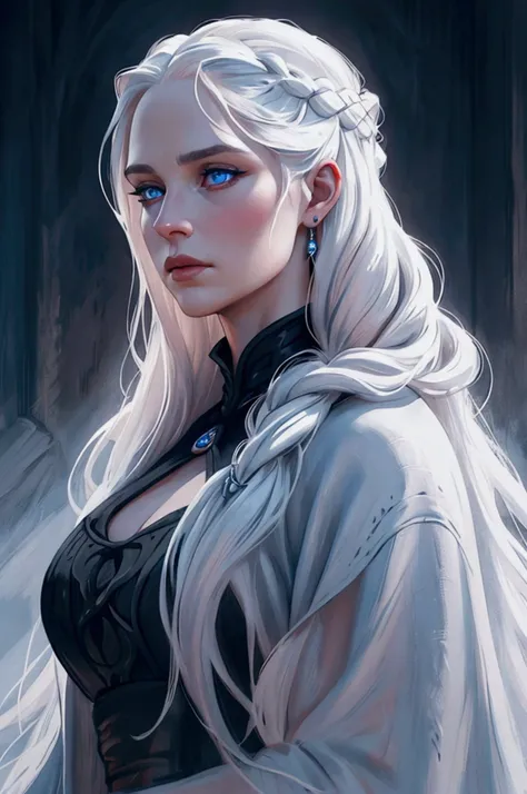 a targaryen queen with long braided white hair,piercing blue eyes,detailed face,detailed lips,beautiful detailed eyes,long black dress flowing in the wind,dramatic lighting,highly detailed,8k,ultra-detailed,photorealistic,best quality,masterpiece,dramatic,...