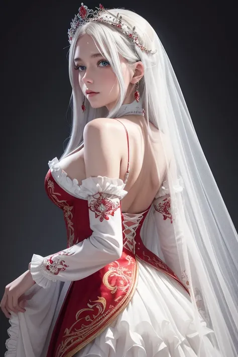 a  girl with absurdly long white hair, blue eyes, wearing an ornate long white and red see-through layered long dress with long detached wide sleeves and intricate embroidery, a bridal veil, circlet, bridal gauntlets, blushing and shy, arched back, ruffled...