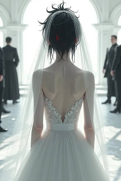 Black haired woman with red streaks,white skin with black eyes,hair on raised tips with short hair with a wedding veil on a white wedding dress,on the way to the altar,A black-haired man is waiting for her there. 