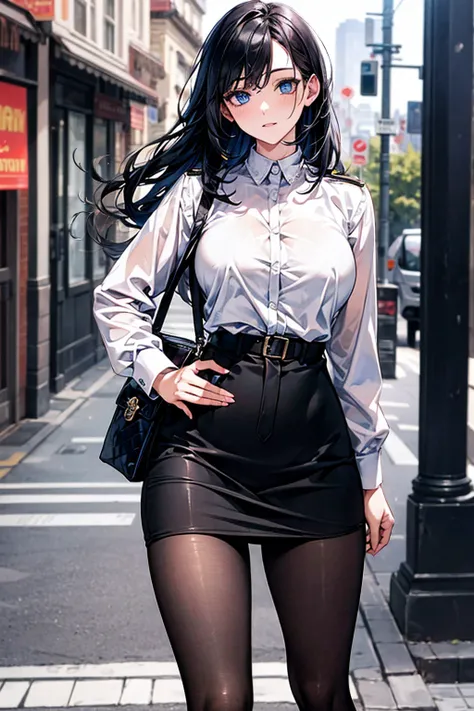 Ridiculous Resolutions, High resolution, (masterpiece:1.4), Very detailed, 1 person,blue eyes, Long black hair，Please wear a police uniform and a short skirt, White handbag、pantyhose、street,Sexy pose, The camera is close to the body