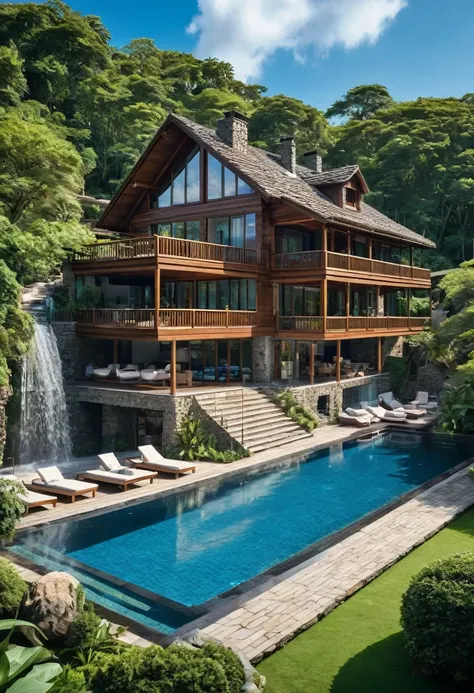 The image shows a large wooden house with a large swimming pool in front of it. The house is surrounded by trees and greenery, and there is a waterfall cascading down the side of the pool. The pool is filled with crystal clear blue water and there are seve...