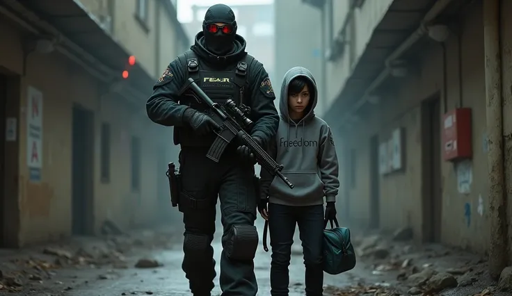 tall F.E.A.R. operative wearing black tactical balaclava and red googles holding assault rifle and standing with a guy holding a pistol and wearing a hood with black shaggy hair, and brown eyes. His attire typically consists of a grey hoodie that features ...