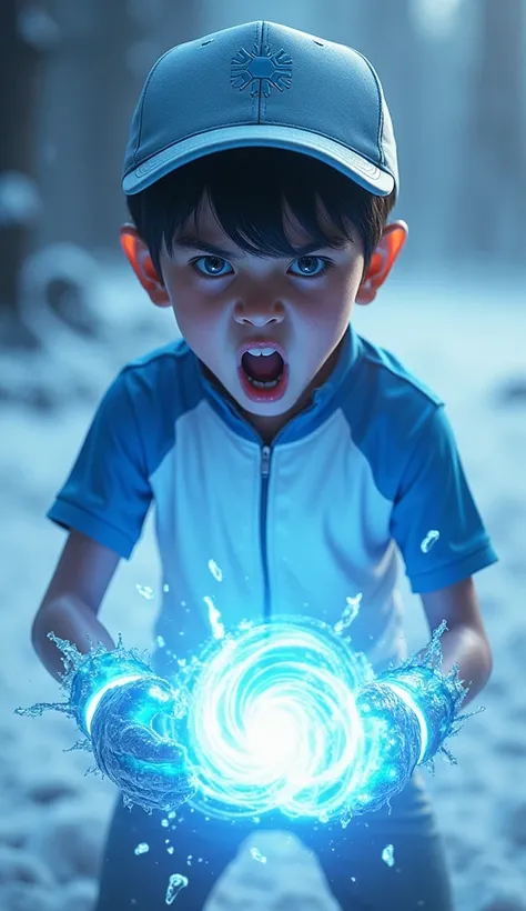 a young real teenage age . 17 Malaysia Indonesia.(Blue eyes) Glowing eyes. Anger face. Open mouth. . wearing an (white light blue ) zip-up shirt, (white light blue ) cap with small light blue (snowflake) logo. Enger face . Dramatic. White hoodie., detailed...