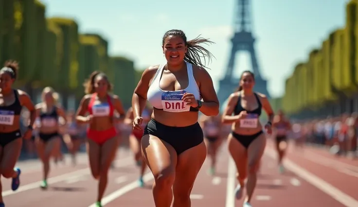 professional camera angle,Olympic athlete,fat females Olympic marathon race,with a large breasts, big breasts!, thicc,alluring plus sized model, fat voluptuous body,fat women marathon race on Champs Elysées paris city