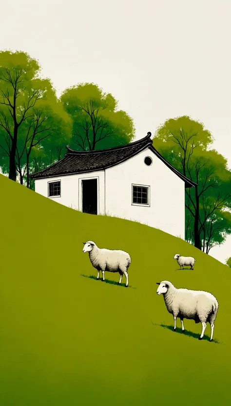 Sky accounts for 3%/4,75%Blank.中国水墨画sketch:Light Ink,Lowercase,sketch,artistic conception:2.point,sheep on grass,Small house in the distance,Minimalism,White background。(((Negative Space:2,大面积Blank:2, Bottom left composition)))