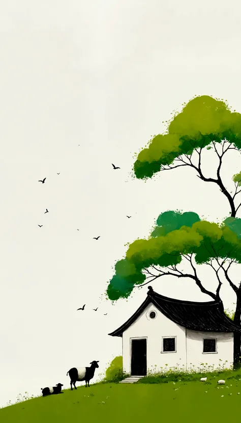 Sky accounts for 3%/4,75%Blank.中国水墨画sketch:Light Ink,Lowercase,sketch,artistic conception:2.point,sheep on grass,Small house in the distance,Minimalism,White background。(((Negative Space:2,大面积Blank:2, Bottom left composition)))