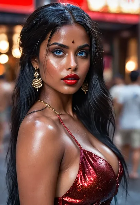 (muste piece, highest quality)((8k)),full body,black hair,black skin ,super detailed,((full body)),arab girl,very hot girl ,blue eyes,red lips ,photorealistic,dark bronze shiny skin,sweaty skin ,wet skin,beautiful female mode,Black woman in indian red dres...