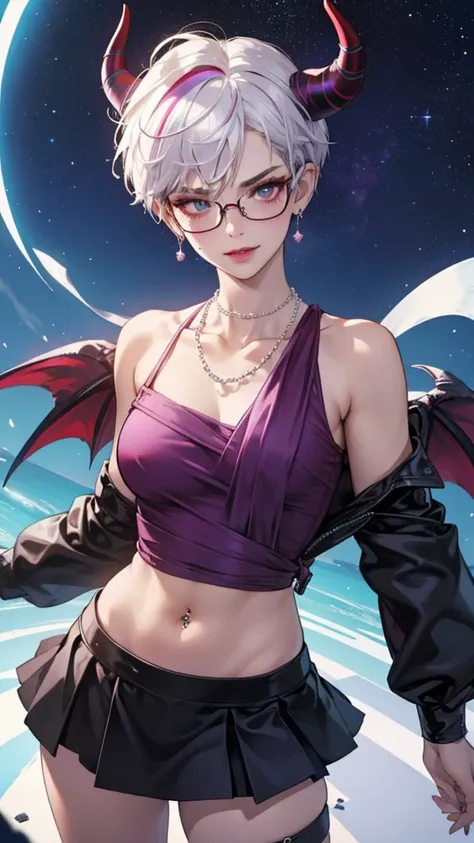 8k, masterpiece, best quality, highly detailed, 1 girl, tiefling, warlock, pixie cut, multicolored hair, very short straight hair red highlight hair on white hair, strippled hair, wearing glasses, round glasses, earrings, navel piercing, red eyeshadow, lon...