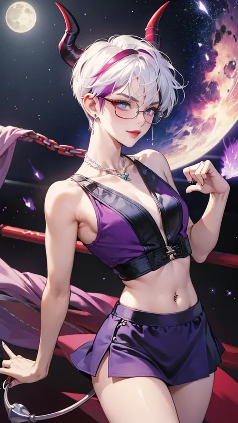 8k, masterpiece, best quality, highly detailed, 1 girl, tiefling, warlock, pixie cut, multicolored hair, very short straight hair red highlight hair on white hair, strippled hair, wearing glasses, round glasses, earrings, navel piercing, red eyeshadow, lon...