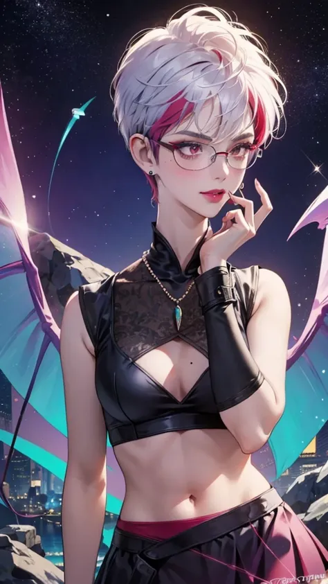 8k, masterpiece, best quality, highly detailed, 1 girl, tiefling, warlock, pixie cut, multicolored hair, very short straight hair red highlight hair on white hair, strippled hair, wearing glasses, round glasses, earrings, navel piercing, red eyeshadow, lon...