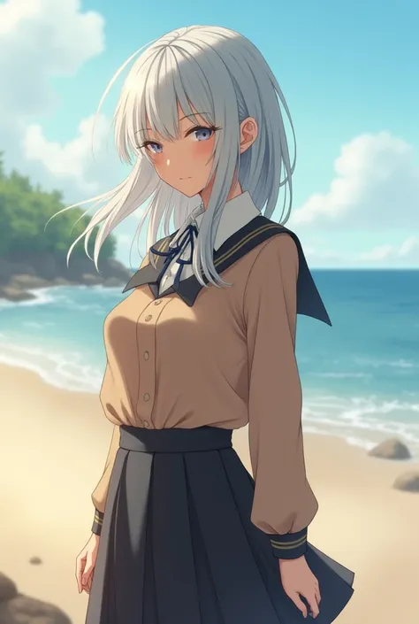 ((masterpiece)), ((best quality)), ((highres)), ((extremely detailed CG unity 8k wallpaper)), solo, silvya jones, tan school uniform, black skirt, white socks, outdoors, face, curtained hair, beach, parted hair, silver hair, real