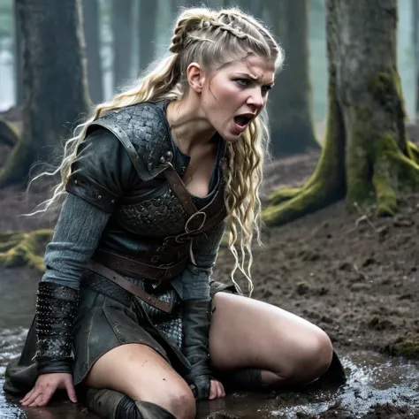 Undead Lagertha on her knees, forced oral sex, (oral rape:1.3), Sexual violence, hand on her head, holds her by the hair, (traces of beatings on her body:1.2), torn clothes, Sexual slavery, hellish torment, demon pissing on her face