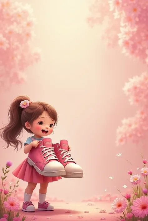 Generate picture for my story page featuring a  girl Holding a BIG SHOES ( put the art at the bottom right part) ( i need a big space at the left part) (PINK THEME) EMPHASIZE THE BIG SHOES