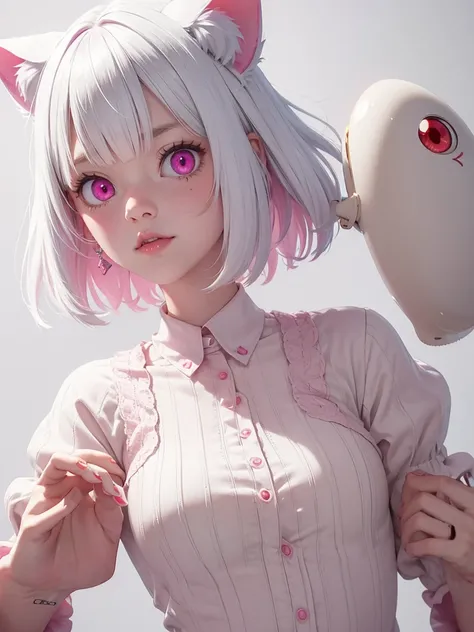 White hair. Short hair. Inner pink hair. Anime girl. Pink eyes. Glowing eyes. Nekomimi. 