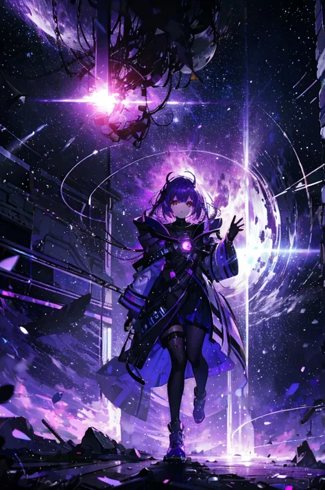 Purple haired girl, , lunar eclipse , space glitched, the girl is raising her hand up sky, broken dimension, focused absorbed light, purple lights 