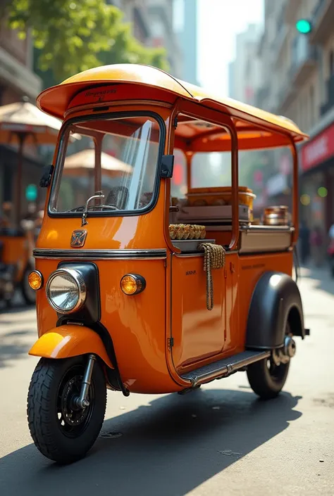 Design a very unique form of 70 cc motorcycle attachment made up of fiber glass to sell samosa and potato curry and containers made up of plastic.