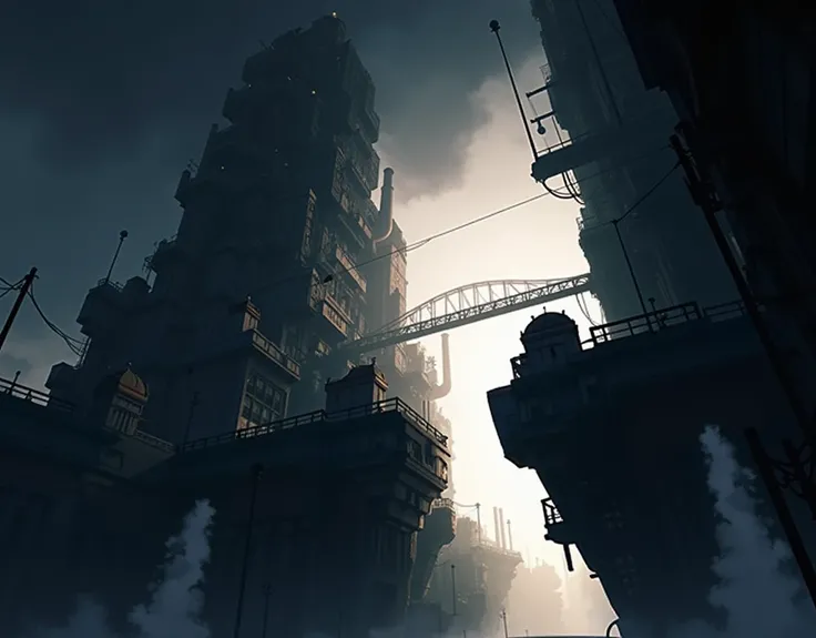 (((steampunk))),city,(((crowded buildings))),exposed gears and pipes,(((dim light))),submerged ground,((gears)),((thick pipes)),covered bridge,The perspective is from the bottom up, reflecting the height of the building,dark weather,smoking chimneys,(((mec...