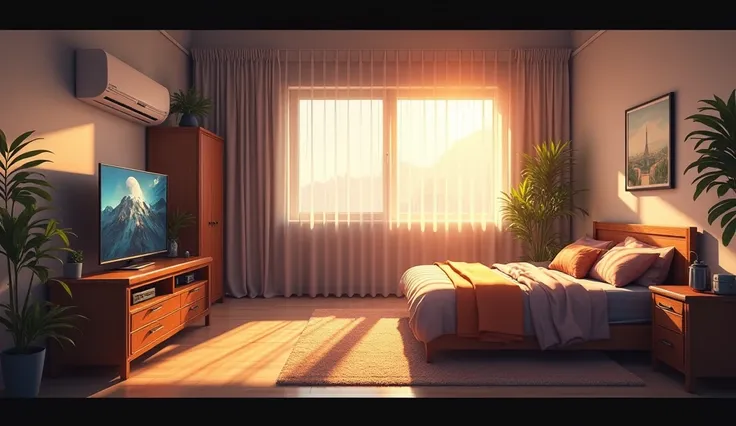 (Extremely detailed CG unity 8k wallpaper),(masterpiece), (best quality), (Extremely detailed), (Best realism),(Best shadow),（Modern young people bedroom）（Advanced Electronics）（，Audio，air conditioner）（The sun shines through the window）