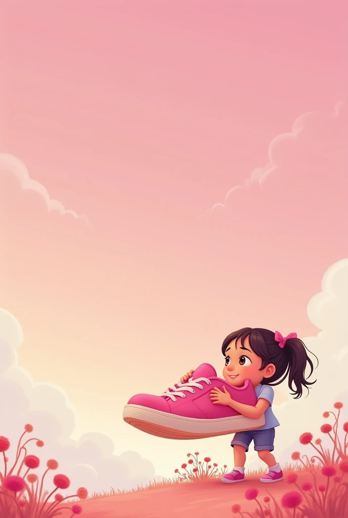 Generate picture for my story page featuring Filipino girl Holding a BIG SHOES ( put the art at the bottom right part) ( i need a big space at the left part) (PINK THEME) EMPHASIZE THE BIG SHOES