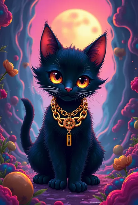 steampunk baby black cat with green and gold hiphop chain Which reads "SHESHA" 420 artwork, retro psychedelic weed illustration, liquid, psychedelic artwork, in illustration style digital, extremely high quality artwork, estilo de arte impressionante, arte...