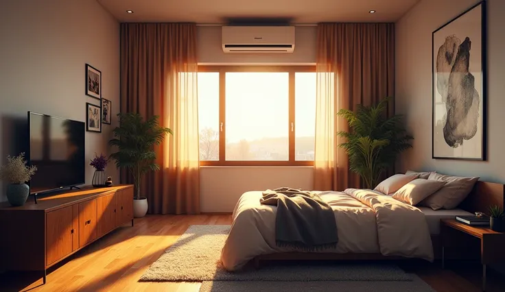 (Extremely detailed CG unity 8k photography),(masterpiece), (best quality), (Extremely detailed), (Best realism),(Best shadow),（Modern young people bedroom）（Advanced Electronics）（，Audio，air conditioner）（The sun shines through the window）