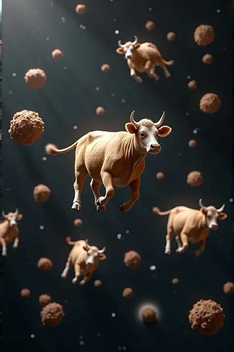 Cows flying in space with flying poop 
