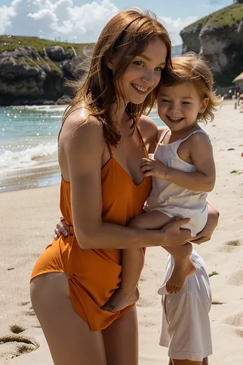 Very happy skinny ginger sweden family with young kid, with short red-blond hair, dressed in new light paréo summer dress, happy show her on a scorching summer day, on the beach after swim, les cheveux encore mouillé. 