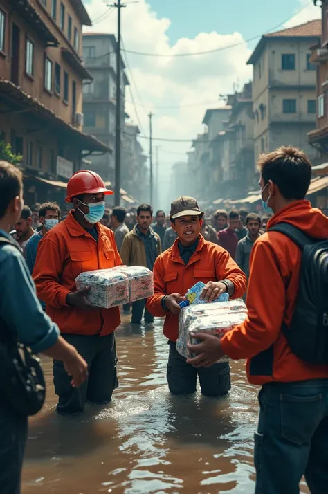 Emergency relief workers distributing food and water to flood victims.