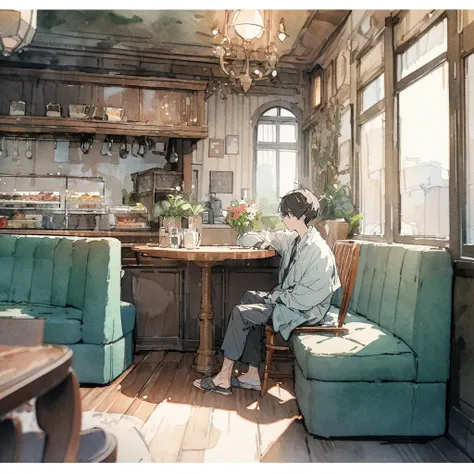 masterpiece,最high quality,Very detailed,High resolution backgrounds,8k,there is nothing,high quality,break,japanese manga style, sketch, Watercolor Colors,Cafe with a nice atmosphere,antique interior,Stylish interior,,slowly,relax,sweets, A boy is sitting ...