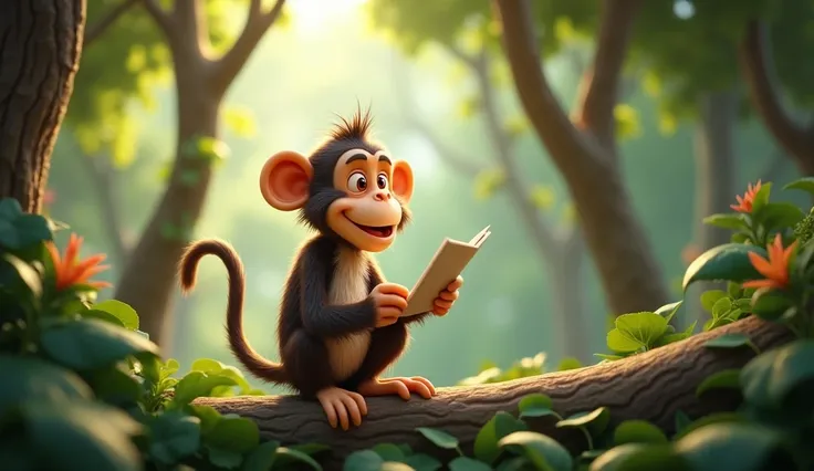 Create 3D cenametic cartoon animation of this prompt "Cut to a shot of the wise old monkey, smiling and proud
Wise monkey narrates the moral of the story"