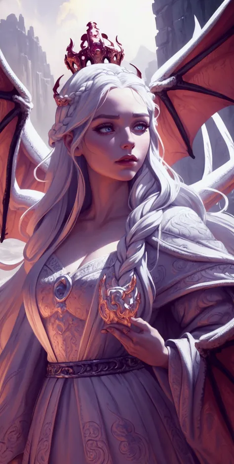 A Targaryen queen with long braided white hair, beautiful detailed eyes, beautiful detailed lips, extremely detailed face, long eyelashes, ornate crown, flowing white dress, majestic pose, dragon wings, fantasy landscape, dramatic lighting, cinematic compo...