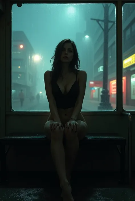 sexy women sitting in a bus station, hard rain, night, high white mist, 1girl, large breast