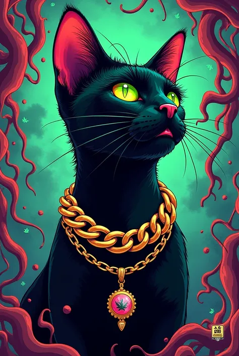 steampunk baby black cat with green eye. she is wearing  gold hiphop chain Which reads "SHESHA" 420 artwork, retro psychedelic weed illustration, liquid, psychedelic artwork, in illustration style digital, extremely high quality artwork, estilo de arte imp...