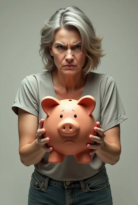 "The  standing frustrated, holding her clay piggy bank, with a look of determination and impatience."