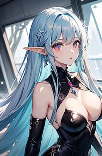 Anime, woman, long hair, pale blue hair, pink eyes, gently, earrings, big boob, wearing a black dress, beautiful, elegant, pure, fantasy, ice, snowflake, snow land, cool, noble, elf, crystal, stay in thorn room,