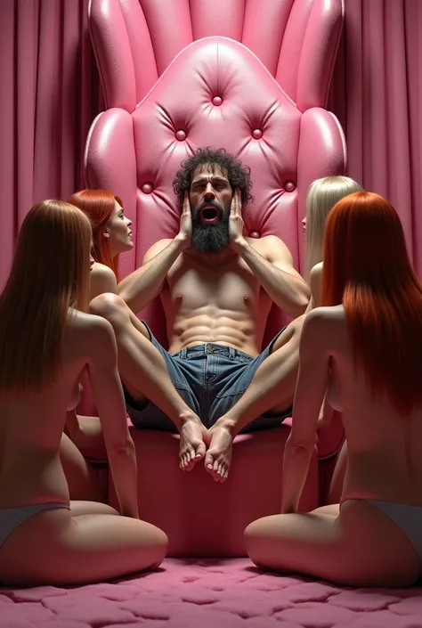 (photorealism:1.2) One large pink harem room, in which acvery skinny (((super ugly))) teenage man wearing only "underwear" with a long untrimmed beard sitting on a pink throne, he is moaning with sexual excitement and extreme pleasure, surrounded by many b...